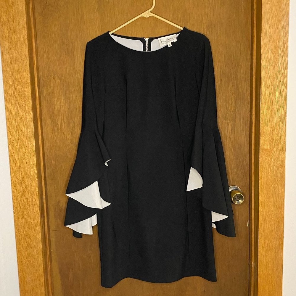 Never-worn, Nicole Miller black sheath dress w/ bell sleaves (size 10)